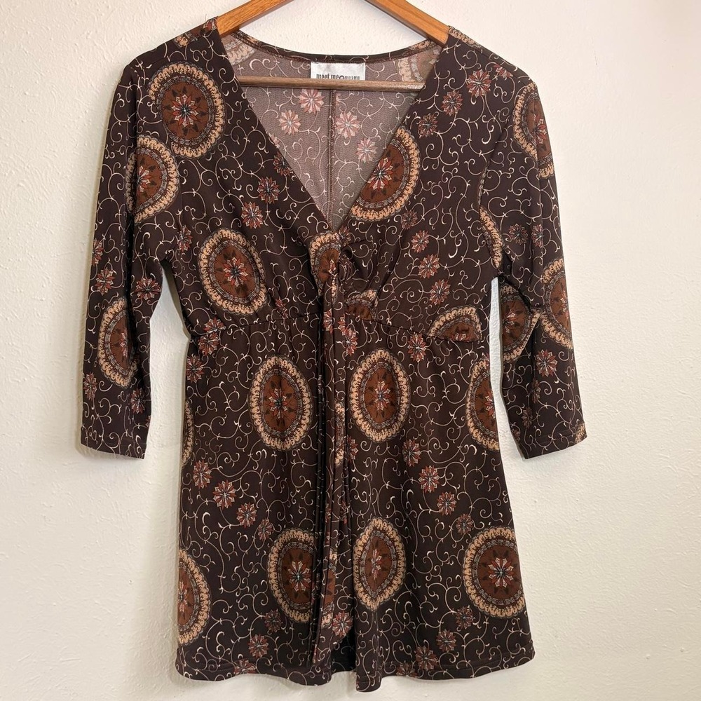 Vintage Y2K Meet me in Miami Boho Tie Front Earthy Blouse Flowy